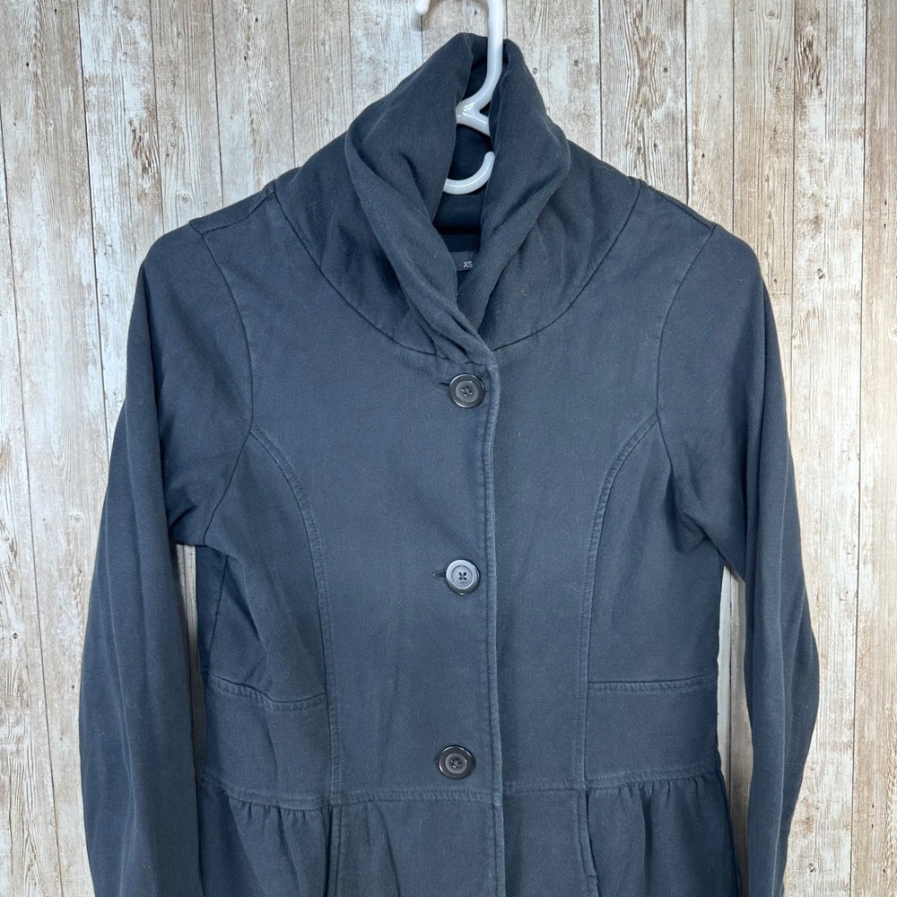 Prana Athletic Black Organic Cotton‎ Blend Coat Jacket Swing Funnel Neck sz XS - Picture 3 of 10